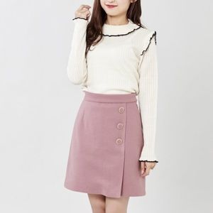 White Ruffles Knit and Pink Button Skirt Combo
